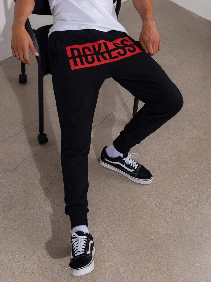 Young and Reckless Mens - Fleece  Sweatpants - Strike Box Sweatpants - Black and Red